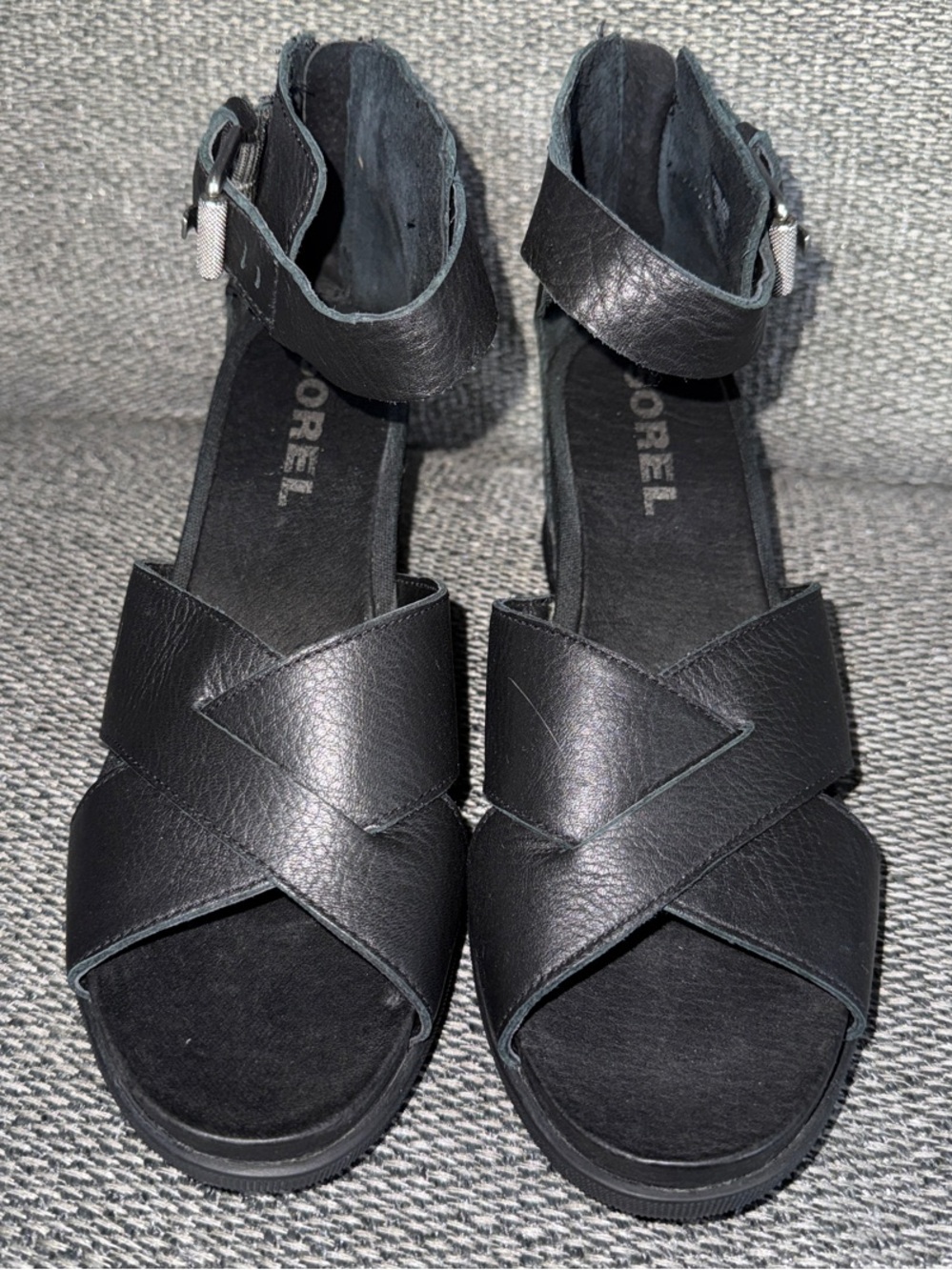 Sorel Joanie II Black Leather Crisscross Ankle-Strap Sandals